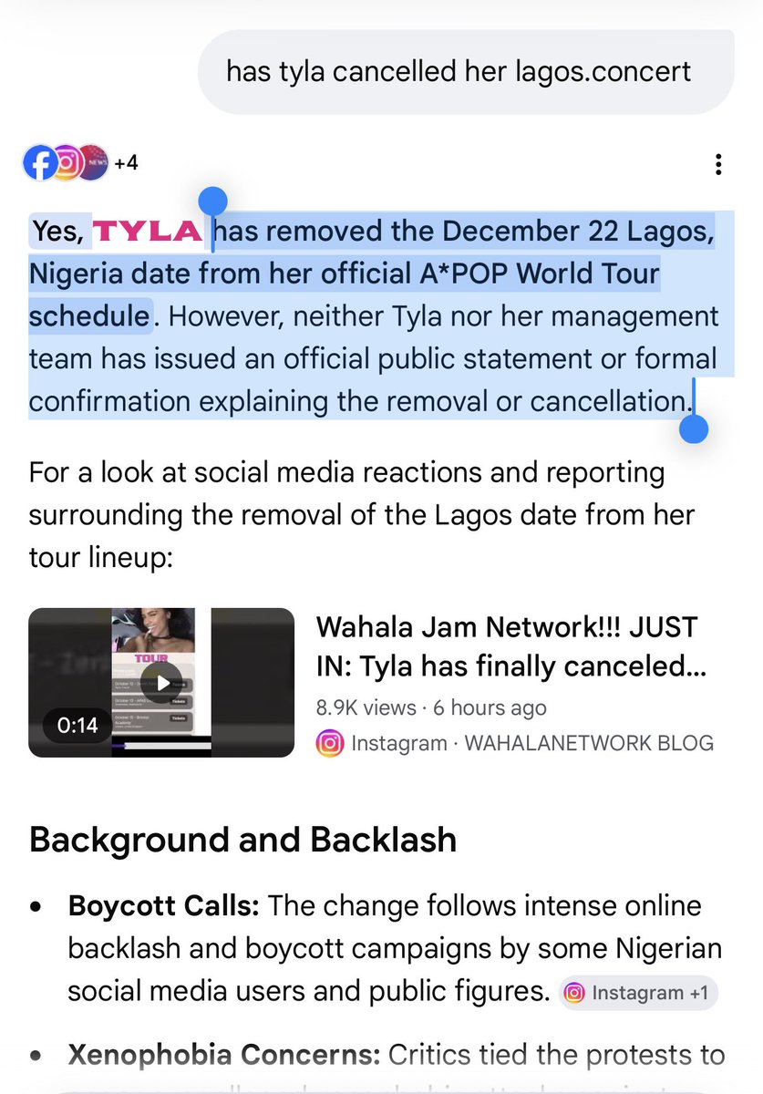 OurFavOnlineDoc's tweet photo. To whom it may concern:

Tyla has finally removed the Dec 22 Lagos  date from her official A*POP World Tour schedule. So the highly talked-about concert in Lagos has been cancelled.

The compromised bastards in Nigeria who are eager to watch her can go to Cape Town and see her.

If xenophobic animals from your country are murdering Nigerians and you say nothing about it, Nigerians also have a right to boycott your show. If others cannot come to your own country to work and make money, you should also not go to other people’s country to make money. It is that simple.