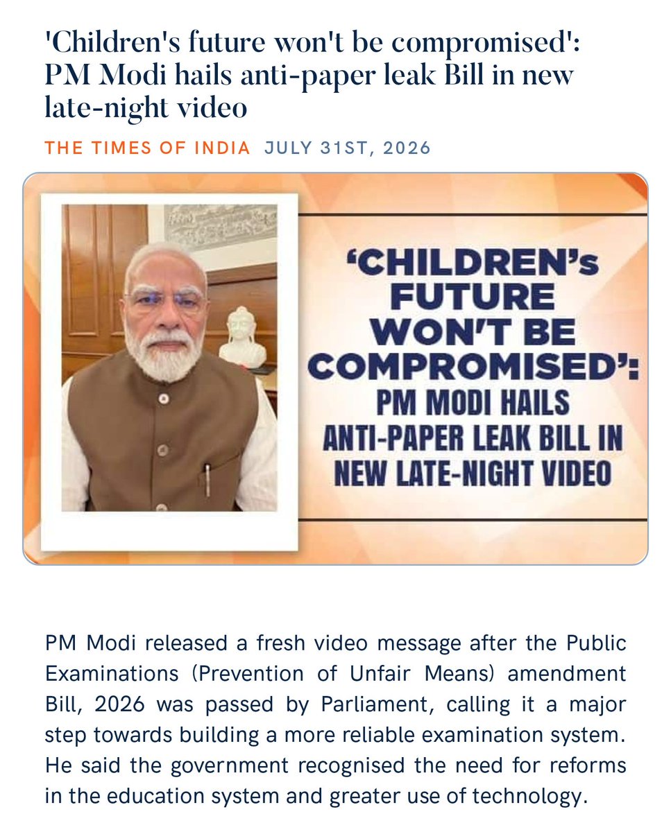 PMOIndia's tweet photo. 'Children's future won't be compromised': PM @narendramodi hails anti-paper leak Bill
https://t.co/Z0rLCG9e6V 

via NaMo App https://t.co/TJABa9l009
