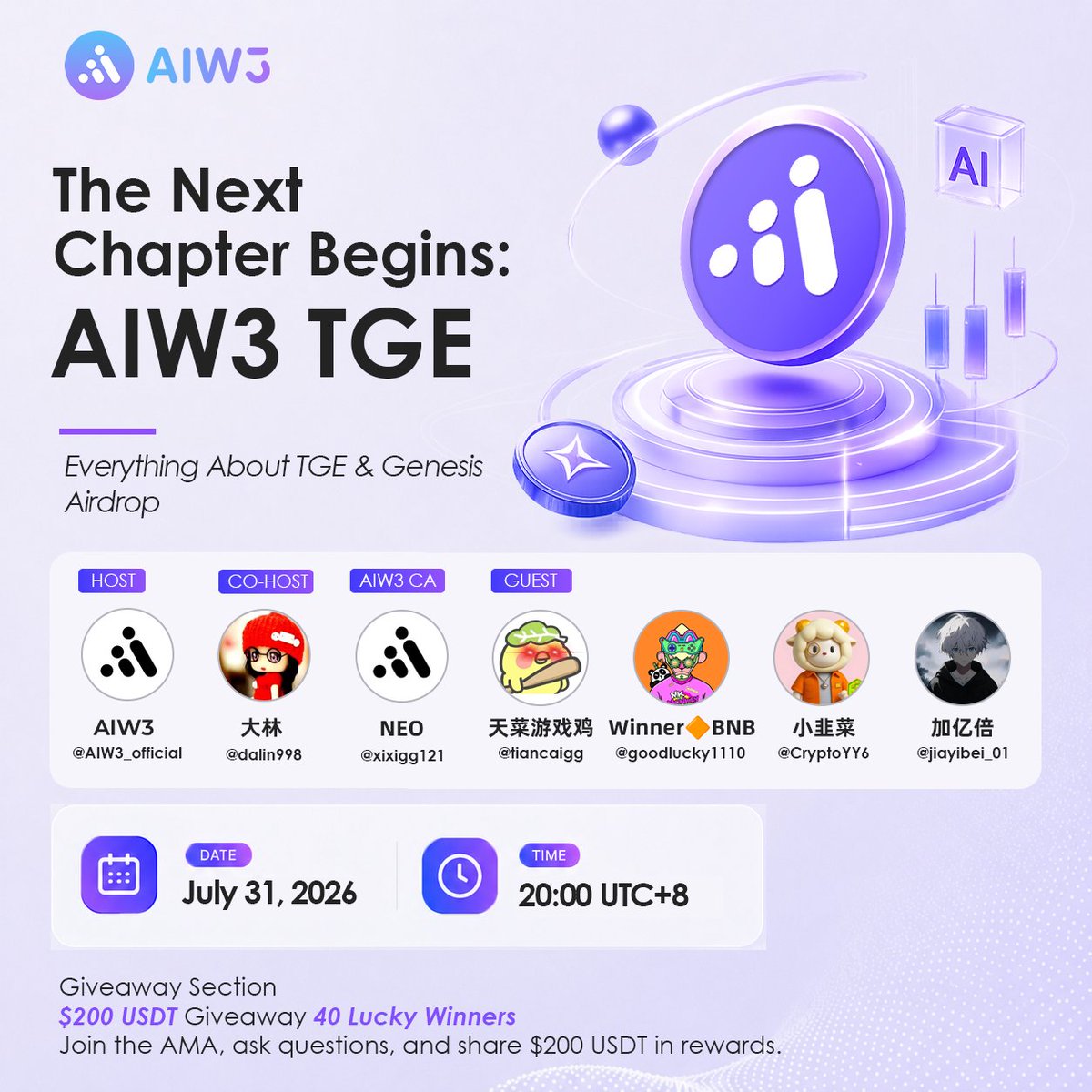 AIW3_official's tweet photo. AI-powered trading is entering its next chapter.

🎁 $200 USDT Giveaway
40 lucky winners will share the prize pool.

https://t.co/mU2mTUIJLa

Join the AIW3 TGE AMA and discover everything you need to know about our upcoming Token Generation Event.

Topics we'll cover:
• What is AIW3 & Why TGE Matters
• $AIW3 Token Utility & Ecosystem
• Genesis Airdrop Eligibility & Claim Guide
• Anti-Sybil Verification Explained
• Future AI Agent Marketplace & Ecosystem Roadmap
• Community Rewards & Upcoming Incentives

📅 July 31, 2026
⏰ 20:00 (UTC+8)

How to participate:
• Like this post
• Repost this post
• Join the AMA
• Leave a comment with your BSC wallet address

40 winners will be randomly selected to share $200 USDT in rewards.

See you at the AMA!
#AIW3 #AMA #AITrading #Airdrop #TGE #Web3 #AIAgent #Crypto
