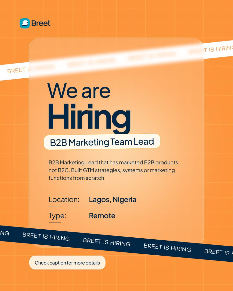 breet_business's tweet photo. 𝗝𝗼𝗯 𝗢𝗽𝗲𝗻𝗶𝗻𝗴: 𝗕𝟮𝗕 𝗠𝗮𝗿𝗸𝗲𝘁𝗶𝗻𝗴 𝗧𝗲𝗮𝗺 𝗟𝗲𝗮𝗱

𝗟𝗼𝗰𝗮𝘁𝗶𝗼𝗻: Lagos, Nigeria | 𝗧𝘆𝗽𝗲: Remote

𝗔𝗯𝗼𝘂𝘁 𝘁𝗵𝗲 𝗥𝗼𝗹𝗲

Somewhere out there is a business that needs to move crypto to fiat fast, seamlessly, and without the usual chaos. They just don’t know Breet exists yet.

That’s the problem you’ll own.

Not with a generic drip campaign. Not with a LinkedIn post that gets seven likes. But with the kind of sharp, well-targeted marketing that makes a busy CTO stop scrolling and think, “Wait… who are these people?”

You’ve done B2B marketing before and genuinely enjoyed it. You love the challenge of identifying the right audience, understanding what they care about, and crafting messaging that makes them pay attention. You’ve built pipelines, written copy that converts, and understand customer psychology well enough to know that what people say and what they actually mean are often two different things.

You don’t wait for a brief.

You are the brief.

𝗪𝗵𝗮𝘁 𝗬𝗼𝘂’𝗹𝗹 𝗢𝘄𝗻

If a business chooses to build on Breet, your fingerprints will be on that decision.

• Write messaging that actual humans can understand, no glossary required.
• Turn “Here’s what our API does” into “Here’s why your business can’t afford to ignore this.”
• Build and own the inbound funnel, from the very first touchpoint to active product adoption.
• Work closely with Product and Engineering to launch new features in ways that generate attention for the right reasons.
• Understand customer psychology, uncover what customers actually think, and bring those insights back to improve our positioning and messaging.
• Create sales collateral that the Business Development team reaches for without being asked.
• Report weekly on what worked, what didn’t, and what you’re doing differently.
• Shape and refine how we take new B2B products and features to market from “We’re launching this” to “The market actually cares.”

𝗬𝗼𝘂, 𝗣𝗿𝗼𝗯𝗮𝗯𝗹𝘆…

• You’ve done B2B marketing before, and you have results to prove it, not just good vibes.
• You understand that developers, CFOs, and procurement managers all speak different languages, and you’re fluent in all three.
• Your cold emails get replies. We know everyone says that. Yours actually do.
• Missing a lead target bothers you more than it bothers your manager.
• You’ve handed qualified leads over to a Business Development team before, and you know the difference between a warm handoff and simply forwarding a contact.
• You don’t need a playbook because you’re the one who writes it.
• Fintech, crypto, or API products already feel familiar or you’re the kind of person who dives deep into a topic and comes back an expert.

𝗪𝗵𝗮𝘁 𝗪𝗲’𝗿𝗲 𝗟𝗼𝗼𝗸𝗶𝗻𝗴 𝗙𝗼𝗿

You’re probably a great fit if you:

• Have marketed real B2B products not B2C dressed up in a suit. This is non-negotiable.
• Can walk us through a product or feature you’ve taken to market and tell us exactly what happened; the wins, the failures, and the lessons you learned.
• Have worked in an early-stage company where figuring things out was part of the job description.
• Have built GTM strategies, systems, or marketing functions without a template to copy.
• Think in terms of customers, positioning, and revenue not just campaigns and content calendars.
• Understand how inbound marketing and conversion funnels work in the real world, not just in a HubSpot webinar.

𝗕𝗼𝗻𝘂𝘀 𝗣𝗼𝗶𝗻𝘁𝘀 𝗜𝗳…

• You’ve worked in fintech, crypto, or SaaS.
• You understand crypto well enough that we won’t need to explain what a wallet is.
• You’ve been part of a small team where everyone rolled up their sleeves and got things done.

𝗪𝗵𝗮𝘁 𝗪𝗲 𝗢𝗳𝗳𝗲𝗿:

• Competitive salary
• Statutory pension
• 13th-month salary
• Quarterly performance bonus
• Career development support
• Health insurance (HMO)
• Data allowance
• Paid annual leave

𝗛𝗼𝘄 𝘁𝗼 𝗔𝗽𝗽𝗹𝘆:
https://t.co/29CntbcPFS