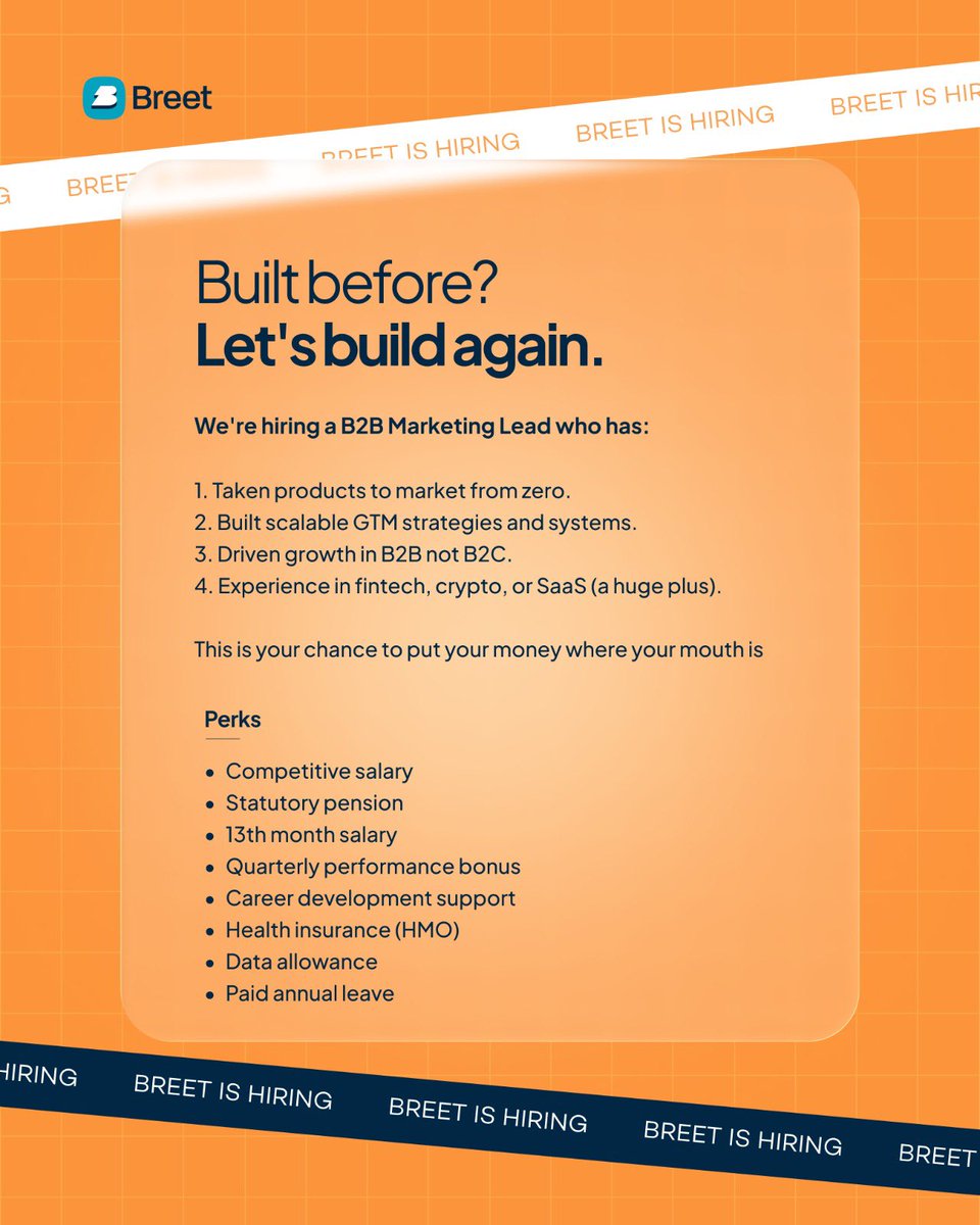 breet_business's tweet photo. 𝗝𝗼𝗯 𝗢𝗽𝗲𝗻𝗶𝗻𝗴: 𝗕𝟮𝗕 𝗠𝗮𝗿𝗸𝗲𝘁𝗶𝗻𝗴 𝗧𝗲𝗮𝗺 𝗟𝗲𝗮𝗱

𝗟𝗼𝗰𝗮𝘁𝗶𝗼𝗻: Lagos, Nigeria | 𝗧𝘆𝗽𝗲: Remote

𝗔𝗯𝗼𝘂𝘁 𝘁𝗵𝗲 𝗥𝗼𝗹𝗲

Somewhere out there is a business that needs to move crypto to fiat fast, seamlessly, and without the usual chaos. They just don’t know Breet exists yet.

That’s the problem you’ll own.

Not with a generic drip campaign. Not with a LinkedIn post that gets seven likes. But with the kind of sharp, well-targeted marketing that makes a busy CTO stop scrolling and think, “Wait… who are these people?”

You’ve done B2B marketing before and genuinely enjoyed it. You love the challenge of identifying the right audience, understanding what they care about, and crafting messaging that makes them pay attention. You’ve built pipelines, written copy that converts, and understand customer psychology well enough to know that what people say and what they actually mean are often two different things.

You don’t wait for a brief.

You are the brief.

𝗪𝗵𝗮𝘁 𝗬𝗼𝘂’𝗹𝗹 𝗢𝘄𝗻

If a business chooses to build on Breet, your fingerprints will be on that decision.

• Write messaging that actual humans can understand, no glossary required.
• Turn “Here’s what our API does” into “Here’s why your business can’t afford to ignore this.”
• Build and own the inbound funnel, from the very first touchpoint to active product adoption.
• Work closely with Product and Engineering to launch new features in ways that generate attention for the right reasons.
• Understand customer psychology, uncover what customers actually think, and bring those insights back to improve our positioning and messaging.
• Create sales collateral that the Business Development team reaches for without being asked.
• Report weekly on what worked, what didn’t, and what you’re doing differently.
• Shape and refine how we take new B2B products and features to market from “We’re launching this” to “The market actually cares.”

𝗬𝗼𝘂, 𝗣𝗿𝗼𝗯𝗮𝗯𝗹𝘆…

• You’ve done B2B marketing before, and you have results to prove it, not just good vibes.
• You understand that developers, CFOs, and procurement managers all speak different languages, and you’re fluent in all three.
• Your cold emails get replies. We know everyone says that. Yours actually do.
• Missing a lead target bothers you more than it bothers your manager.
• You’ve handed qualified leads over to a Business Development team before, and you know the difference between a warm handoff and simply forwarding a contact.
• You don’t need a playbook because you’re the one who writes it.
• Fintech, crypto, or API products already feel familiar or you’re the kind of person who dives deep into a topic and comes back an expert.

𝗪𝗵𝗮𝘁 𝗪𝗲’𝗿𝗲 𝗟𝗼𝗼𝗸𝗶𝗻𝗴 𝗙𝗼𝗿

You’re probably a great fit if you:

• Have marketed real B2B products not B2C dressed up in a suit. This is non-negotiable.
• Can walk us through a product or feature you’ve taken to market and tell us exactly what happened; the wins, the failures, and the lessons you learned.
• Have worked in an early-stage company where figuring things out was part of the job description.
• Have built GTM strategies, systems, or marketing functions without a template to copy.
• Think in terms of customers, positioning, and revenue not just campaigns and content calendars.
• Understand how inbound marketing and conversion funnels work in the real world, not just in a HubSpot webinar.

𝗕𝗼𝗻𝘂𝘀 𝗣𝗼𝗶𝗻𝘁𝘀 𝗜𝗳…

• You’ve worked in fintech, crypto, or SaaS.
• You understand crypto well enough that we won’t need to explain what a wallet is.
• You’ve been part of a small team where everyone rolled up their sleeves and got things done.

𝗪𝗵𝗮𝘁 𝗪𝗲 𝗢𝗳𝗳𝗲𝗿:

• Competitive salary
• Statutory pension
• 13th-month salary
• Quarterly performance bonus
• Career development support
• Health insurance (HMO)
• Data allowance
• Paid annual leave

𝗛𝗼𝘄 𝘁𝗼 𝗔𝗽𝗽𝗹𝘆:
https://t.co/29CntbcPFS