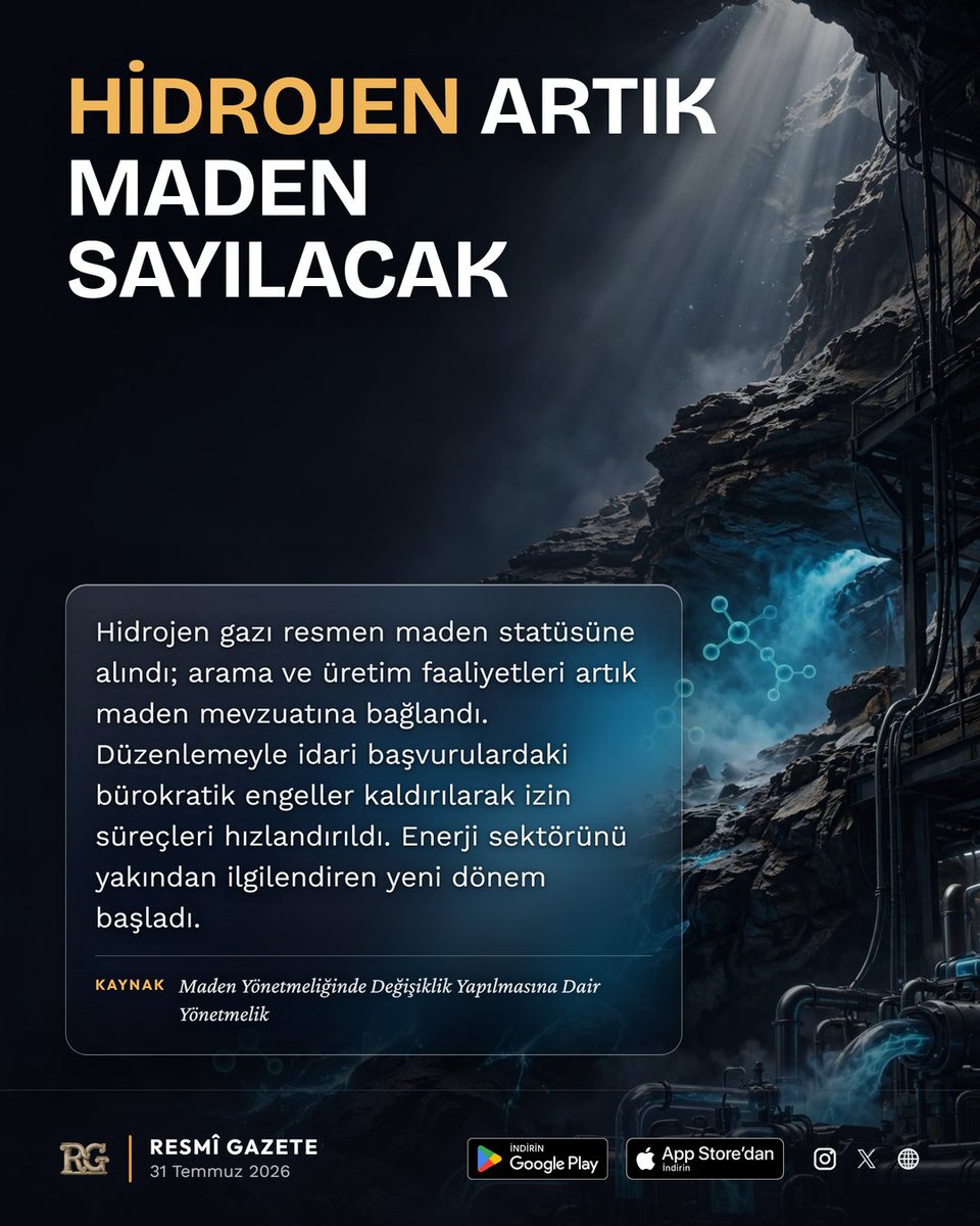 regasapp's tweet photo. HİDROJEN ARTIK MADEN SAYILACAK

Kaynak: Maden Yönetmeliğinde Değişiklik Yapılmasına Dair Yönetmelik

#resmigazete #hukuk #gündem #mevzuat #enerji #maden #hidrojen #yönetmelik #mevzuat https://t.co/suZTa7Ds3u