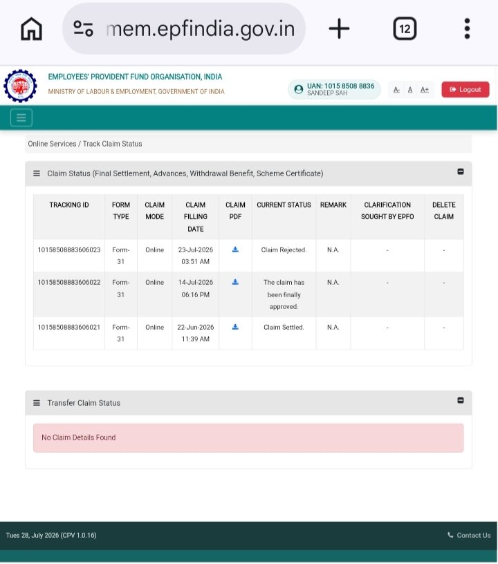 Sandeepkr0810's tweet photo. @mansukhmandviya Dear EPFO, please stop sending copy-paste replies. You keep saying my claim is "under process," whereas your own member portal clearly shows "Claim Rejected." Which one is correct? I need a resolution,not automated responses.
Tracking ID: 10158508883606023 @officialepfo https://t.co/X7Rz2eRySR