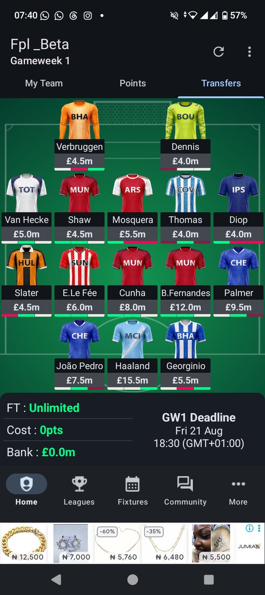 FPL__BETA's tweet photo. 🚨 Rate My current GW1 Draft! 🚨

Haaland. Palmer. Bruno. João Pedro.
I've gone big in midfield and attack, but I've had to cut a few corners at the back. 😅
What's the biggest weakness in this team?
Rate it out of 10, and if you could make ONE transfer before GW1, who would it be? 👇