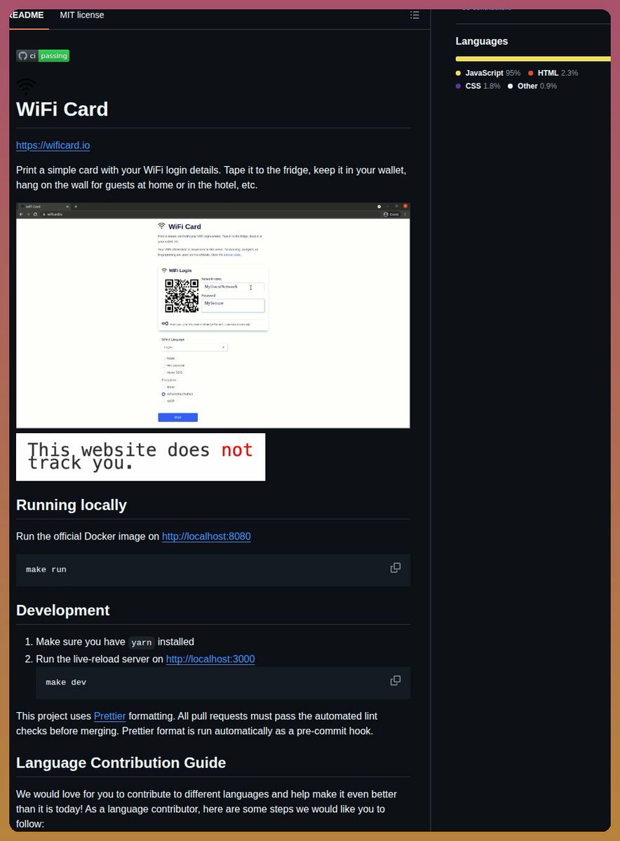 hemran_7282's tweet photo. wifi-card generates a printable card with your WiFi login details. Enter your network credentials to create a QR code that guests can scan to connect, saving you from typing passwords manually.

https://t.co/c7Bw1XAqfd

#CyberSecurity #InfoSec #e0xsecops #TechLeadershi https://t.co/acgUi2OTtl
