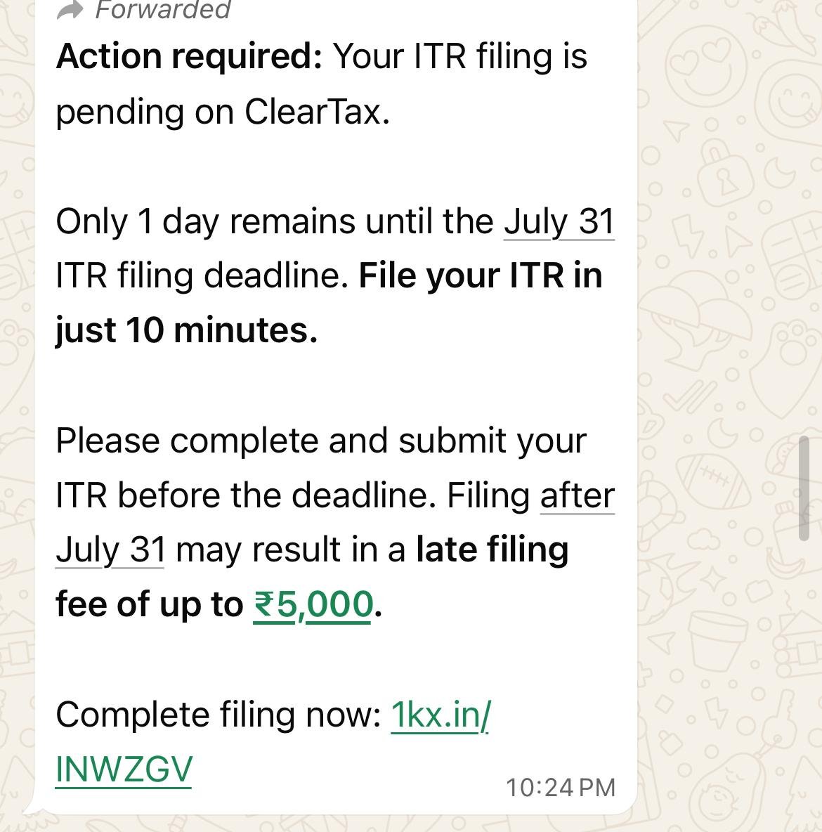atulmodani's tweet photo. @_cleartax is sending this messages to most of the taxpayers who have not availed their services.

@IncomeTaxIndia , how data of taxapyers has been leaked ? Kindly investigate this.

@PMOIndia @nsitharaman , this is a serious issue.

#incometax #Cybersecurity