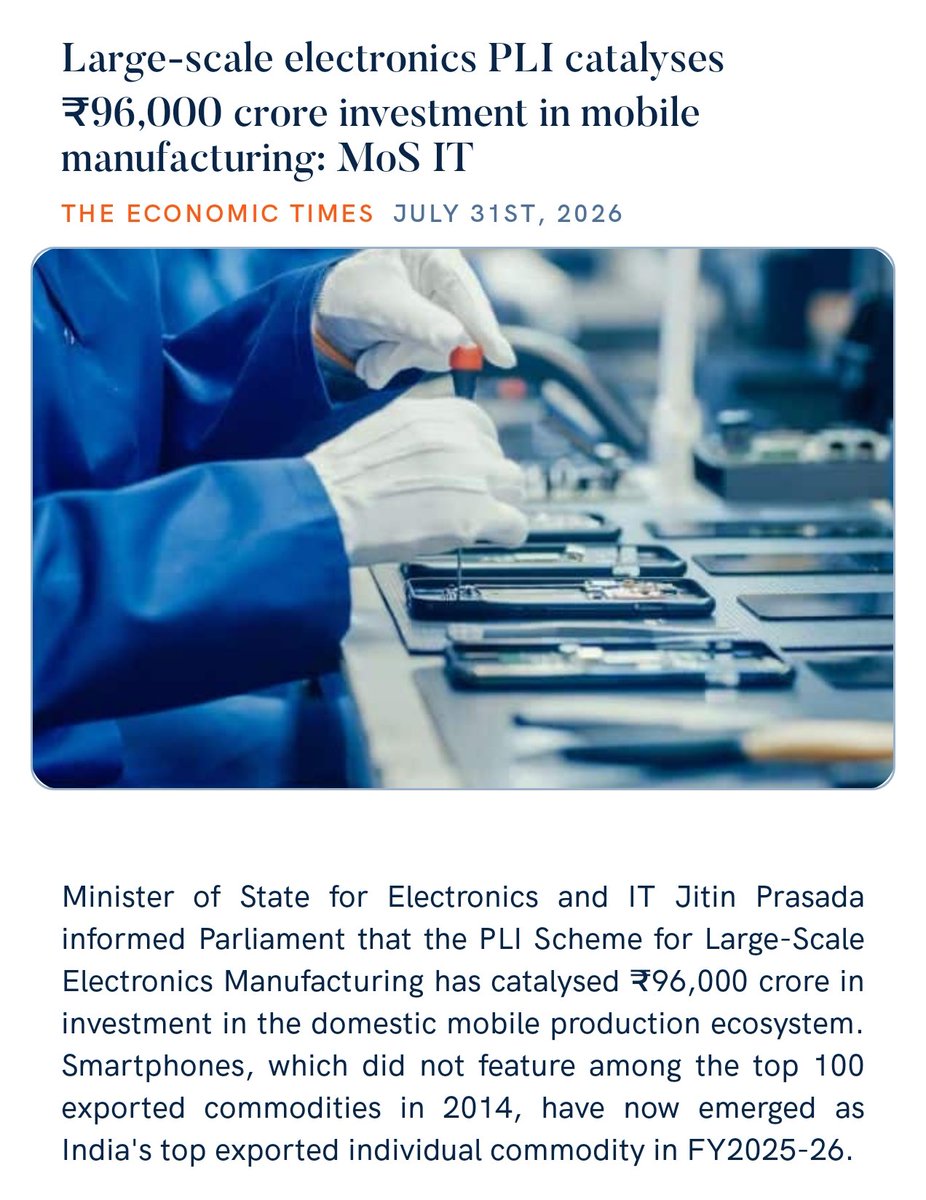 PMOIndia's tweet photo. Large-scale electronics PLI catalyses ₹96,000 crore investment in mobile manufacturing: MoS IT 
https://t.co/ioNepM4qqH 

via NaMo App https://t.co/wk2FHAzxnL