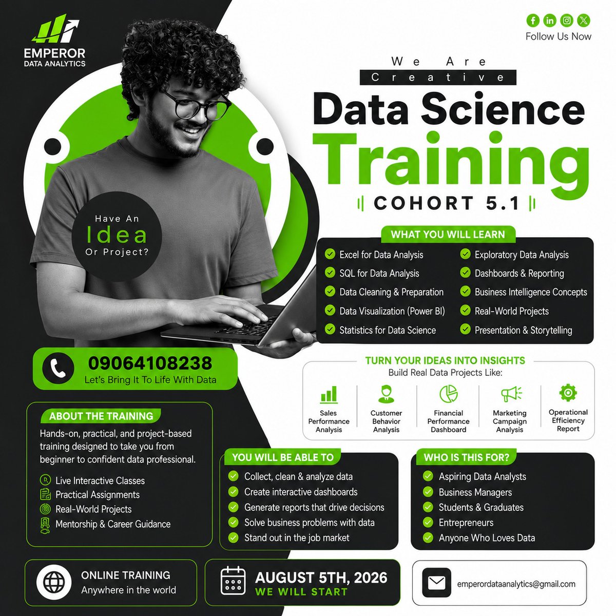 PeterFatd1's tweet photo. Another class. Another step closer to becoming a Data Analyst. ππ
Ready to start your journey?
π Register now: https://t.co/nlX9BK6pUj
#DataAnalytics #PowerBI #SQL #Excel #EmperorDataAnalytics #LearnByDoing https://t.co/XRuGqBQw6N