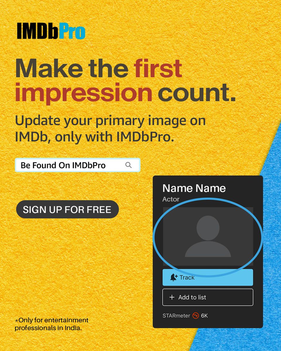 IMDb_in's tweet photo. First impressions matter, so does your profile picture! 
Upgrade your IMDb profile by adding your primary image with an IMDbPro membership.

Join IMDbPro for free through the link in bio.

Sign up here ⬇️
https://t.co/KddRNJs919

*Only for entertainment professionals in India.

#IMDbPro #BeFoundOnIMDbPro