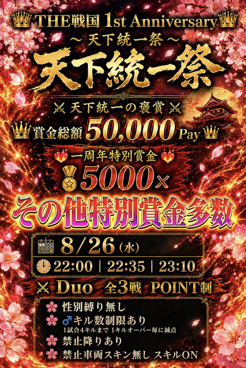 NecocoMochi's tweet photo. ✦━━━━━━━━━━━━━━✦

👑 𝐓𝐇𝐄戦国 𝟏𝐬𝐭 𝐀𝐧𝐧𝐢𝐯𝐞𝐫𝐬𝐚𝐫𝐲 👑
              ～ 天下統一祭 ～

    👑 賞金総額 𝟓𝟎,𝟎𝟎𝟎 𝐏𝐚𝐲 👑
        ❤️‍🔥 一周年特別賞金 ❤️‍🔥

  8/26（水）22:00｜22:35｜23:10
    ⚔️ Duo　全3戦　POINT制

✦━━━━━━━━━━━━━━✦

🦋参加条件.*˚
① 主催フォロー＆RT
　↳ にゃん粉@NecocoMochi
② スポンサー･協賛者フォロー
　↳ SHO @SHO_SHO_63
　↳ ᏒꭼNꭴ @ReNo_M4A1 
③ 当日の配信ツイートを引用RT

🎙 実況配信
    ↳ さくやきん@4y_u
💜 運営
    ↳ まひな@xxx_Hina_Mahi
🦍 集計
    ↳ みく@miku_atls

*.·┈┈┈*.·┈┈┈*.·┈┈┈*.·┈┈┈
🌸リプ欄より応募ᝰ✍🏻✩꙳

◾︎ チーム名
◾︎ よみがな
◾︎ 性別+荒野名 + @ ID
◾︎ 代表者ID（@あり／なし）

 ⚠️主催者以外の巻き込み×