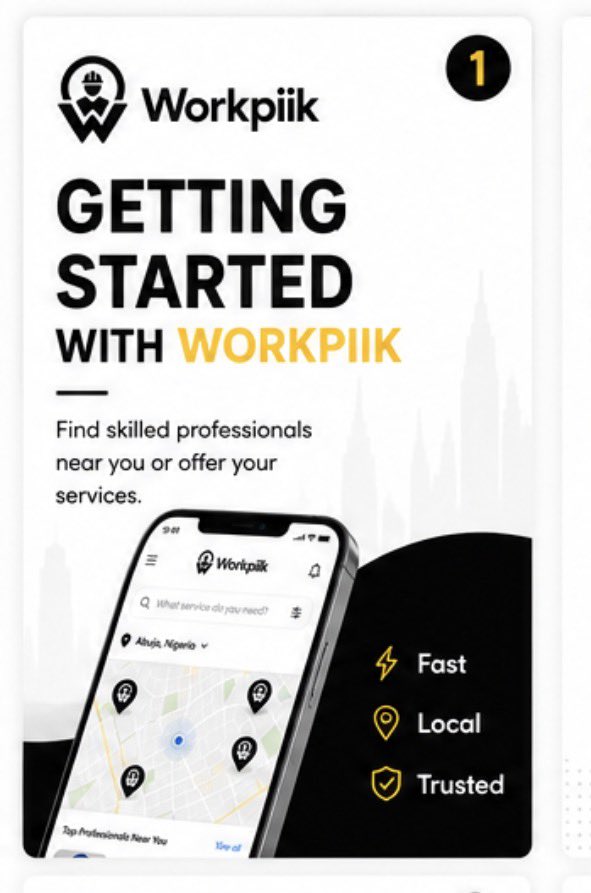 Workpiik's tweet photo. Getting started with WorkPiik is simple. 🚀

Here is how  (swipe)👇

Welcome to the future of work.

📍 Find skilled professionals near you. https://t.co/7qQmi7S9sI