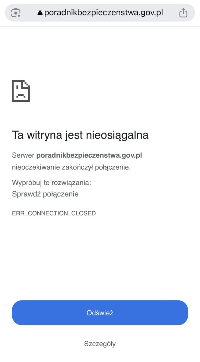 Szafarowicz2001's tweet photo. Otrzymałem alert RCB, chciałem pobrać cyfrową wersję Podręcznika Bezpieczeństwa za 50 mln zł.

Cóż za zaskoczenie, nawet to im nie wyszło - strona internetowa nie działa 🤷‍♂️ https://t.co/Ikr893nmEV
