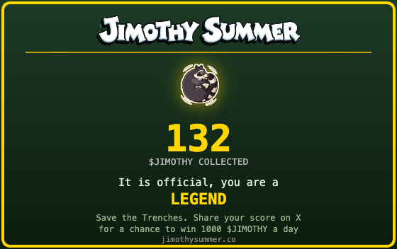 nftyboys's tweet photo. I collected 132 $JIMOTHY in Jimothy Summer! 

Rank: LEGEND. Can you beat me? 

@jimothysummer https://t.co/c2RAqvMIWb https://t.co/LA5E7SW1MC