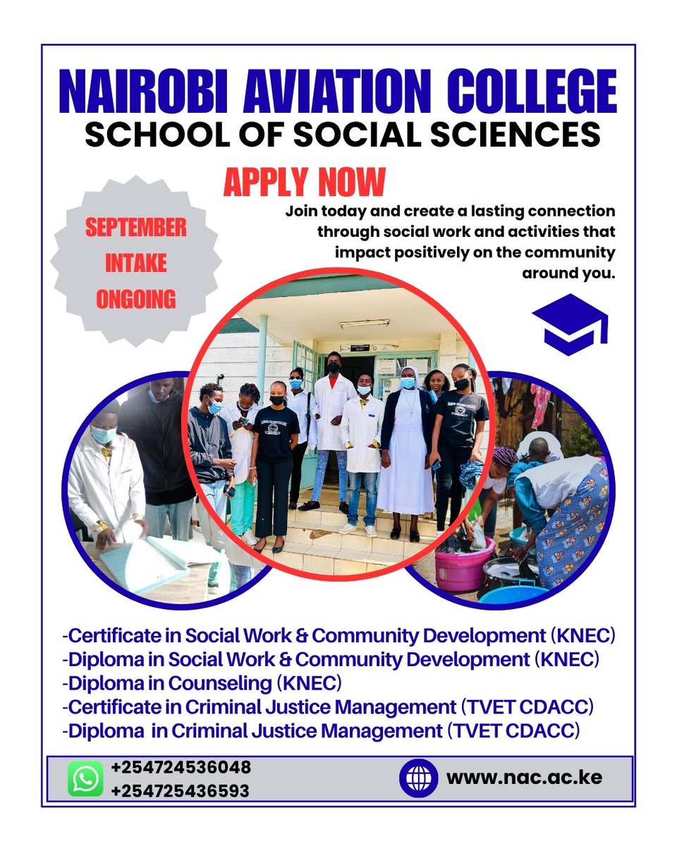 NAC_MAIN's tweet photo. SCHOOL OF SOCIAL SCIENCES.
SEPTEMBER INTAKE is ongoing.
Join us today.
1. Certificate in Social Work & Community Development
2. Diploma in Social Work & Community Development
3. Diploma in Counseling(Guidance & Counseling in Learning Institutions)
4. Certificate in Criminal Justice Management
5. Diploma in Criminal Justice Management
#ProfessionIsPower
#socialwork
#communitydevelopment
#counseling
#socialsciences
Apply/Enquire via WhatsApp 👇
https://t.co/i0xiwejlZD.