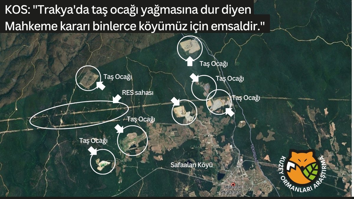 kuzeyormanlari's tweet photo. KOS: "Trakya'da taş ocağı yağmasına dur diyen  Mahkeme kararı binlerce köyümüz için emsaldir."

Tekirdağ 2. İdare Mahkemesi, Tekirdağ Saray Safaalan Köyü mevkilerimizde on binlerce ağacımızı, suyumuzu keserek açılmak istenen taş ocağı projesini oybirliğiyle iptal etti.  

Bilirkişi heyetinin olumsuz görüş verdiği davada; projenin bölgedeki orman ekosistemleri, yeraltı suları, içme suyu kaynakları, tarımsal faaliyetler ve yaban hayatı üzerinde geri dönüşsüz tahriplere neden olacağına hükmedilerek proje iptal edildi.

"Mahkeme kararı binlerce köyümüzü ilgilendiriyor"

KOS Trakya Koordinasyonu Sözcüsü ve Tekirdağ Kent Konseyi Yönetim Kurulu Üyesi Özgür Aksun, kararın yalnızca Safaalan Köyü'nü ilgilendirmediğini belirterek şunları söyledi:

"Bu karar, Trakya'nın ve ülkemizin farklı bölgelerinde ormanların, tarım alanlarının ve su havzalarının içine ve çevresine planlanan madencilik projeleri açısından da önemli bir emsal niteliği taşıyor.

Mahkeme açık bir mesaj verdi. Bir maden projesi yalnızca ruhsat saha sınırları içinde değerlendirilemez. Bölgedeki diğer ocakların yarattığı toz, trafik, patlatmalar, su tüketimi ve habitat kaybı da birlikte dikkate alınmak zorundadır. Özellikle su stresi altındaki Trakya'da içme suyu havzalarının ve yüksek kapalılığa sahip ormanların korunması, yalnızca yerel bir çevre sorunu değil, bölgenin geleceğini doğrudan ilgilendiren bir yaşam meselesidir."

https://t.co/n54jp5vrHP