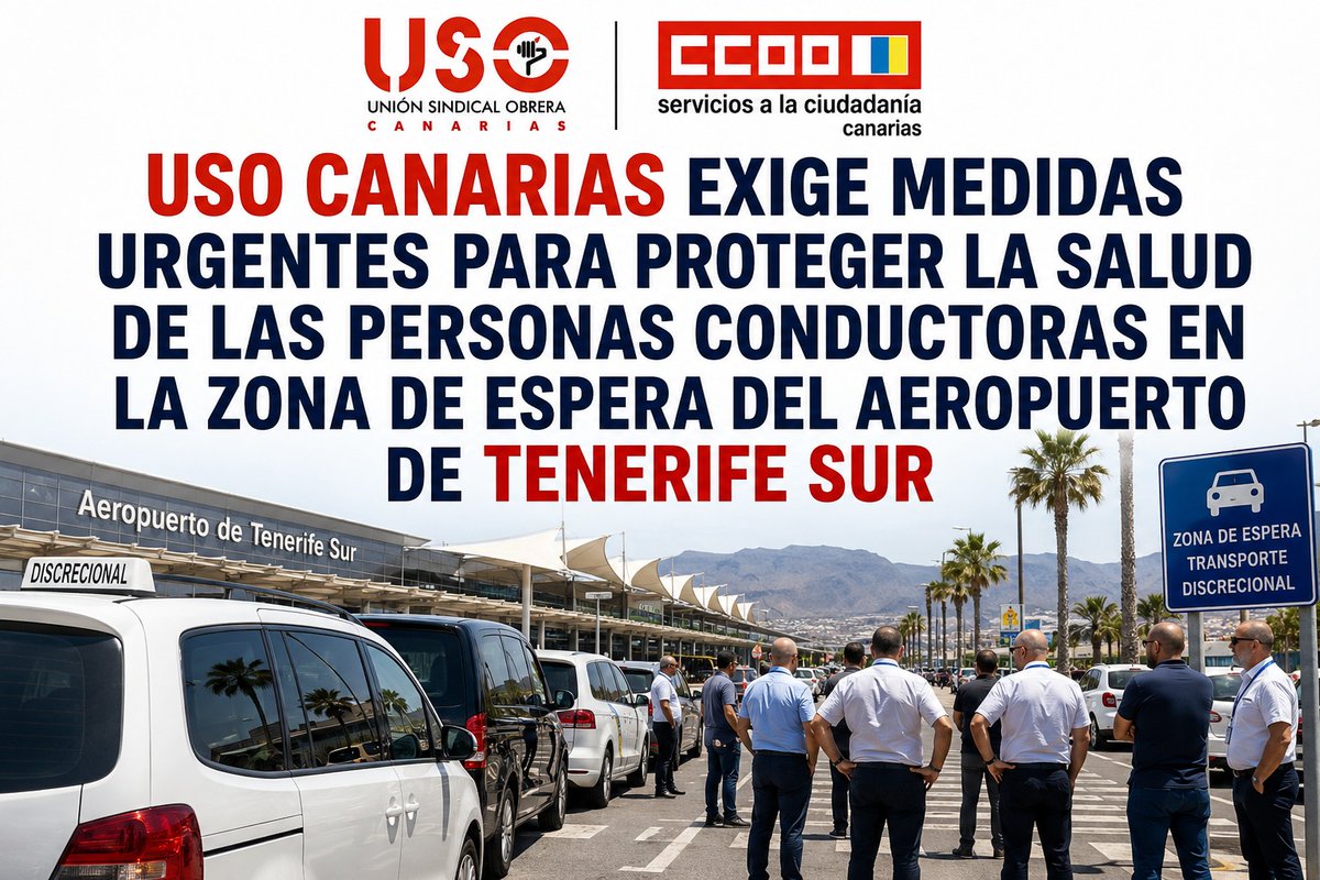 USOCanarias's tweet photo. USO CANARIAS advierte con acudir a la Inspección de Trabajo por las condiciones laborales de los conductores en el Aeropuerto Tenerife Sur.
https://t.co/LdeLwadeXr https://t.co/nU4QeGZHrc