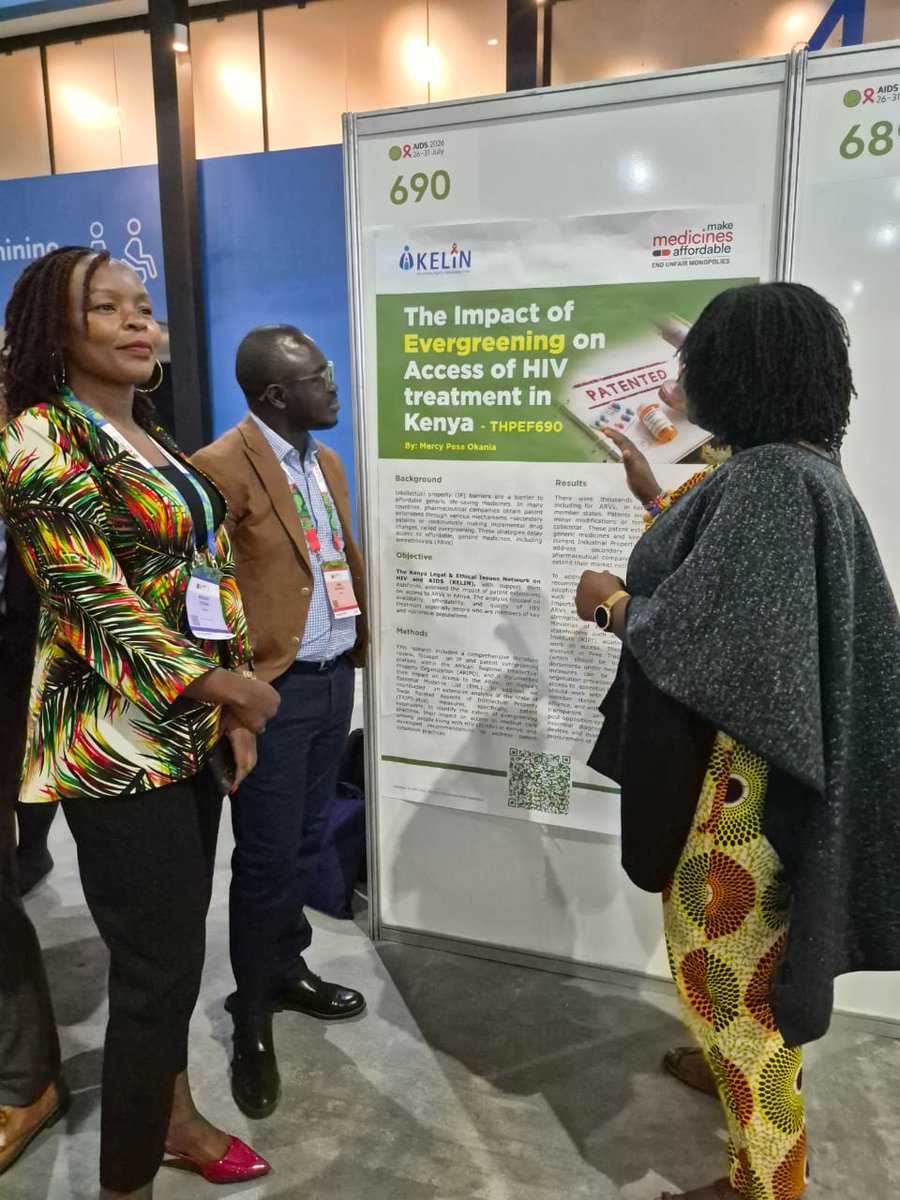 KELINKenya's tweet photo. 📍 #AIDS2026

@KELINKenya's @PesaOkania presented an abstract on "The Impact of Evergreening on Access to HIV Treatment in Kenya."

The research found that patent evergreening—extending patents through minor modifications—can delay affordable generic ARVs, keep medicine prices high, and limit access to life-saving HIV treatment.

The study calls for stronger IP laws, full use of TRIPS flexibilities, and transparent trade negotiations to safeguard access to essential medicines and protect the right to health.

#AccessToMedicines #HIV #HealthEquity #TRIPS #AIDS2026 #UHC

@MalecheAllan
@wanameme
@PesaOkania
@IamKiiluJames
@Aidsfonds_intl
@itpcmena
@ITPCglobal
@AsemPatricia