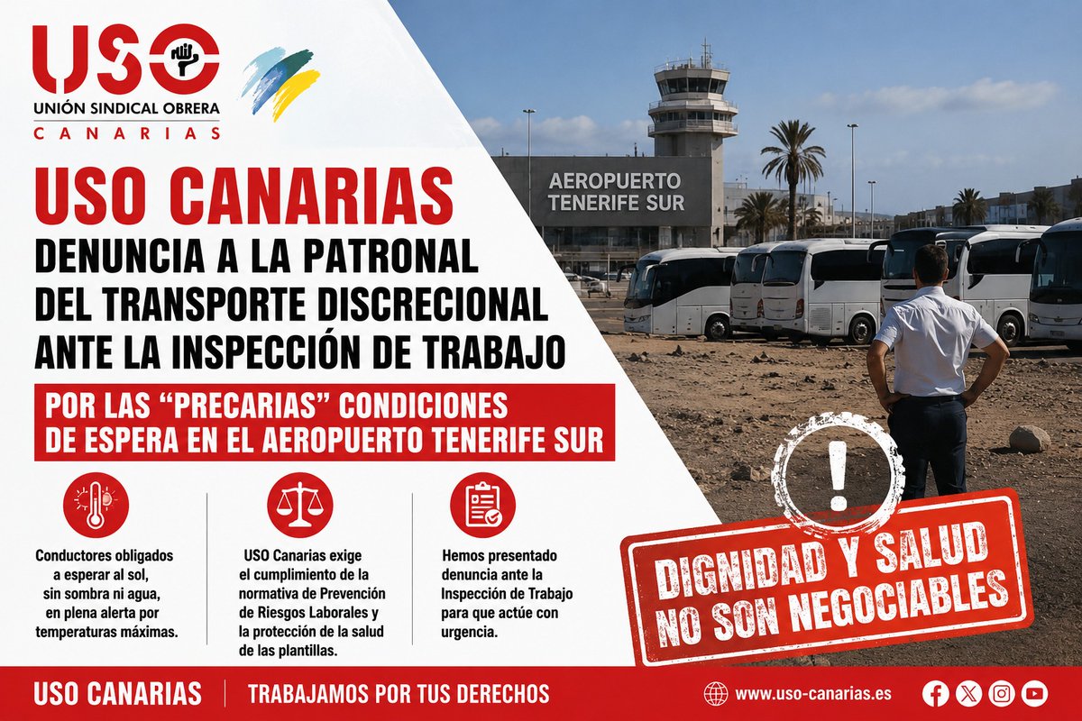 USOCanarias's tweet photo. USO Canarias denuncia ante la Inspección de Trabajo las precarias condiciones de espera de los conductores del transporte discrecional en el Aeropuerto Tenerife Sur.

https://t.co/z0k2ifBYmN https://t.co/3wFkm2vF84