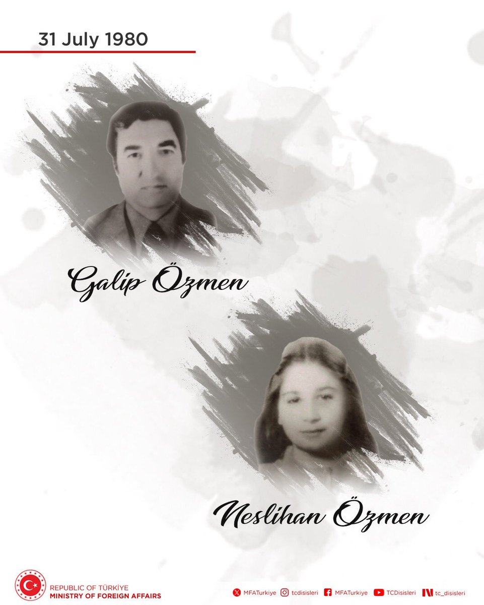 MFATurkiye's tweet photo. We commemorate with respect our martyrs, Galip Özmen, Administrative Attaché of the Turkish Embassy in Athens and his daughter Neslihan Özmen, assassinated by the terrorist organization ASALA on July 31, 1980.
https://t.co/t56VDC8eeM https://t.co/pC0GrvPAFU
