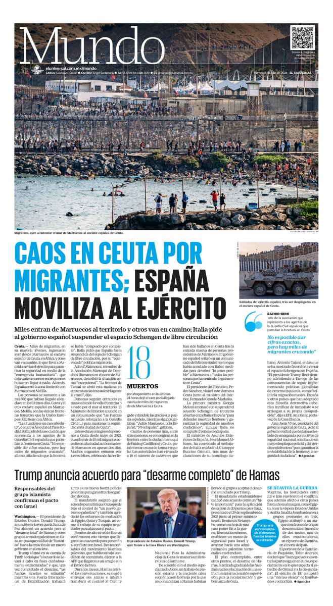 El_Universal_Mx's tweet photo. ¡Buenos días, lectores! Iniciamos la jornada informativa con la portada de EL UNIVERSAL y sus secciones este 31 de julio.
https://t.co/Z1NMhjlzXI https://t.co/OMtGVQrpvu