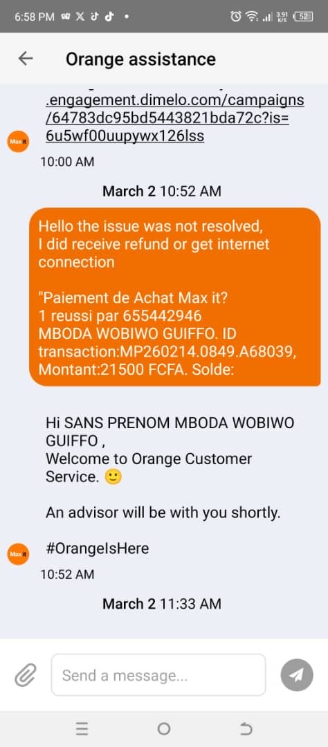 wobiwo's tweet photo. Scam or not, @Orange_Cameroun?

For months, I’ve been trying to resolve the same issue through every channel available:

Max it chat support
Customer service calls
An in-person visit to your Akwa (Douala) agency

Still, no solution and no meaningful response.

#OrangeCameroon https://t.co/Rx2lxzwjoA