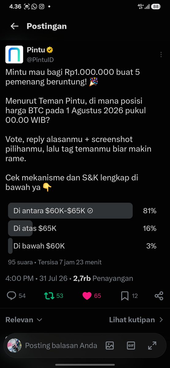 swttychch's tweet photo. @PintuID kemungkinan BTC langsung melesat ke $65.000 pada pukul 00.00 cukup kecil, dan harga lebih berpotensi bergerak sideways di dalam range $63.000 - $64.500.
#AplikasiPintu

goodluck
@HanamiBTC @Huntme13 https://t.co/6irZWAg1xN