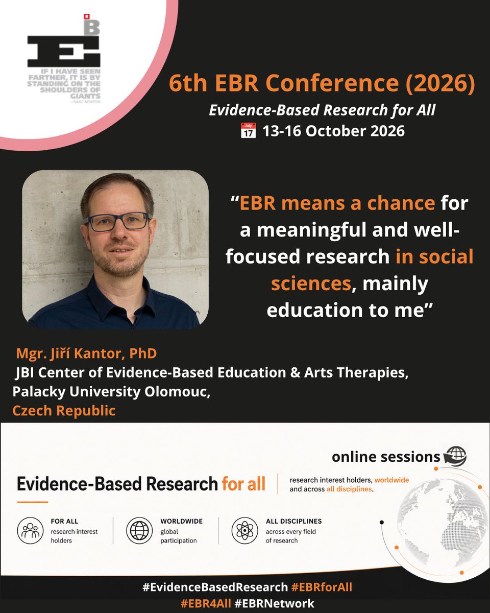 ebrnetwork's tweet photo. We're delighted to present Jiří Kantor, Co-Chair of the 6th #EBRConference!
Join us at the 6th Evidence-Based Research Conference, taking place online, 13–16 October 2026.
See you at the EBR Network: https://t.co/t9r0rtSHYL
#EBRforAll #EBRNetwork #EBRConference https://t.co/xe5KWe1IaR