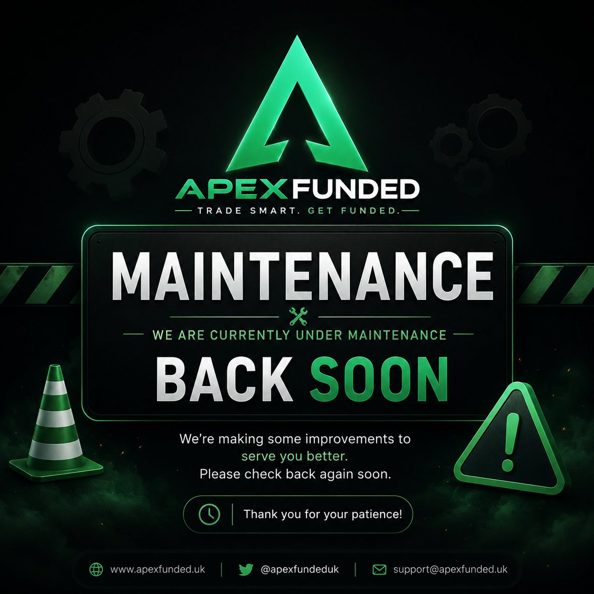 APEXFUNDED5qe's tweet photo. 🔧 Maintenance Notice
ApexFunded is currently undergoing scheduled maintenance to improve platform performance, security, and user experience.
Our team is working hard to restore all services as quickly as possible.
We appreciate your patience and understanding.
We'll be back soon — better, faster, and stronger. 🚀
🌐 https://t.co/Fx0NzwVvPR⁠�