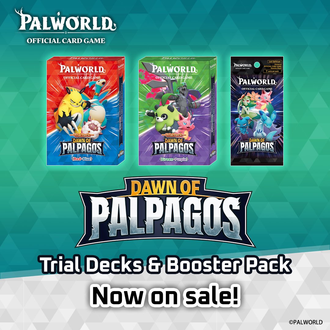 PalworldOCG_EN's tweet photo. Palworld OFFICIAL CARD GAME is officially launched and NOW ON SALE! 🔥
Collect your favorite Pals, build devastating decks, and command the field like never before.