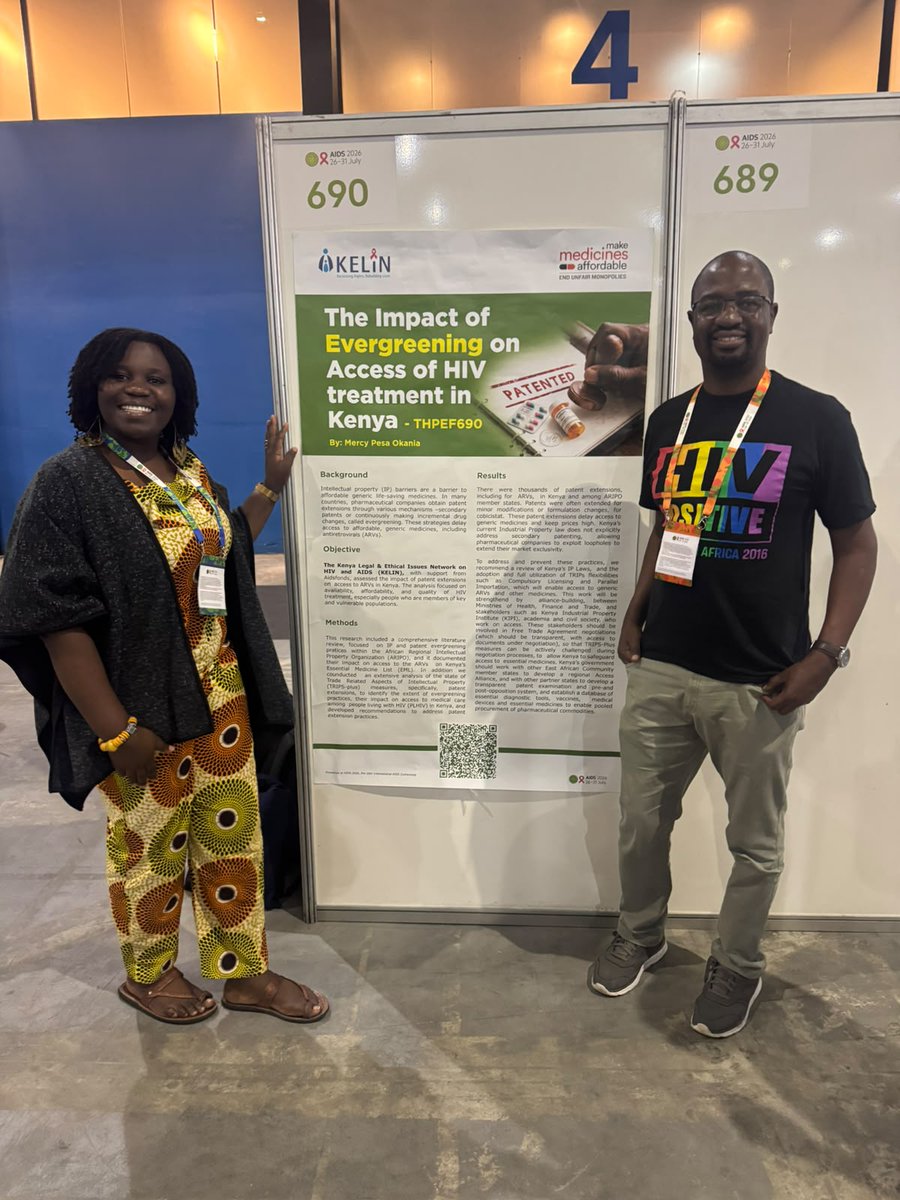 KELINKenya's tweet photo. 📍 #AIDS2026

@KELINKenya's @PesaOkania presented an abstract on "The Impact of Evergreening on Access to HIV Treatment in Kenya."

The research found that patent evergreening—extending patents through minor modifications—can delay affordable generic ARVs, keep medicine prices high, and limit access to life-saving HIV treatment.

The study calls for stronger IP laws, full use of TRIPS flexibilities, and transparent trade negotiations to safeguard access to essential medicines and protect the right to health.

#AccessToMedicines #HIV #HealthEquity #TRIPS #AIDS2026 #UHC

@MalecheAllan
@wanameme
@PesaOkania
@IamKiiluJames
@Aidsfonds_intl
@itpcmena
@ITPCglobal
@AsemPatricia