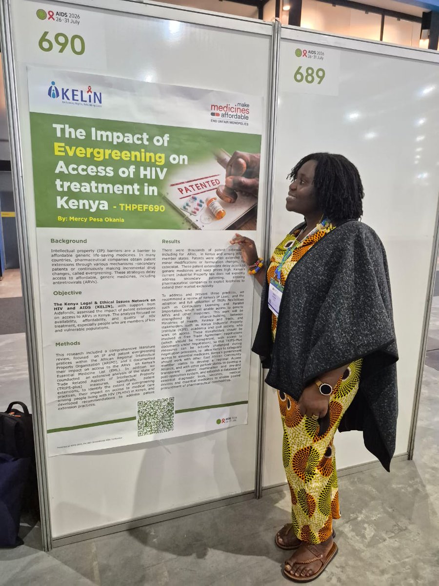 KELINKenya's tweet photo. 📍 #AIDS2026

@KELINKenya's @PesaOkania presented an abstract on "The Impact of Evergreening on Access to HIV Treatment in Kenya."

The research found that patent evergreening—extending patents through minor modifications—can delay affordable generic ARVs, keep medicine prices high, and limit access to life-saving HIV treatment.

The study calls for stronger IP laws, full use of TRIPS flexibilities, and transparent trade negotiations to safeguard access to essential medicines and protect the right to health.

#AccessToMedicines #HIV #HealthEquity #TRIPS #AIDS2026 #UHC

@MalecheAllan
@wanameme
@PesaOkania
@IamKiiluJames
@Aidsfonds_intl
@itpcmena
@ITPCglobal
@AsemPatricia
