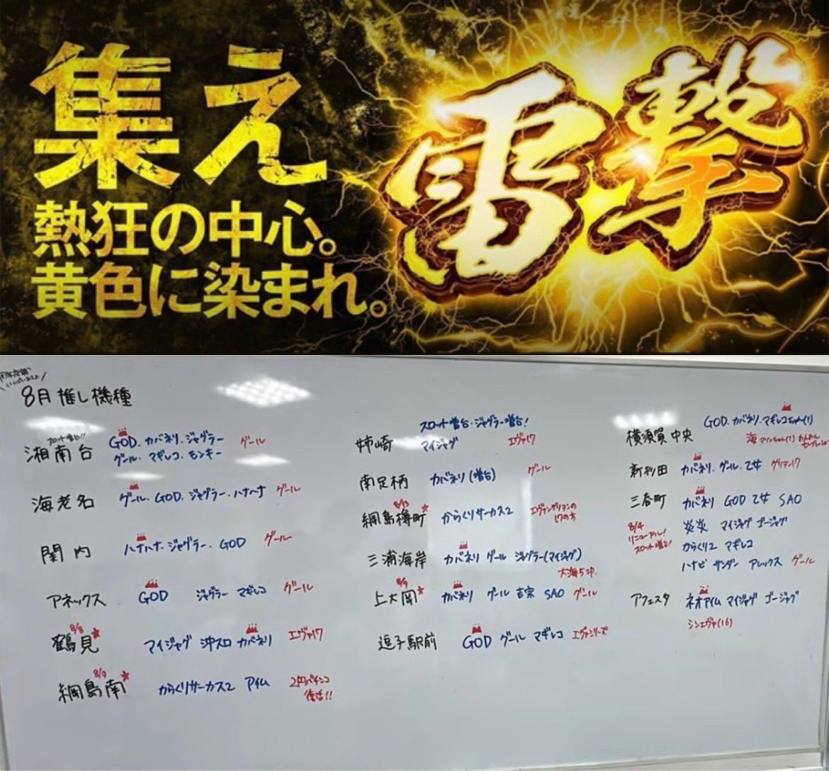 karasuro_7's tweet photo. 🐦‍⬛8/1 ⚡️神奈川アビバ4店舗⚡️
・アビバ上大岡
・アビバ新杉田
・アビバ綱島南
・アビバ綱島樽町
☑️1のつく日
☑️雷撃⚡️🔰

アビバ系列のオリイベ“雷撃”⚡️
明日は神奈川アビバ4店舗で初開催✨🔰

新杉田以外の3店舗は周年月間突入💨
🗓8/9 上大岡🎂
🗓8/9 綱島南🎂
🗓8/13 綱島樽町🎂
☝️に向けたアピールにはもってこい💪

綱島樽町はスロパチガールSも開催👯‍♀️
詳細は別ツイに投稿してるのでそちらを✅
---
📍過去傾向
◼︎S 各店全系.並び.単品あり
---
まずは各店全系探しから💥
他1/2/並び/単品などなど
他店舗実績からメイン機種に仕掛け傾向🈶
立ち回りが大事になる日👍

中でも店長推し機種は特に優先度高く✍️
下記画像に載せてるので各々確認を🙏