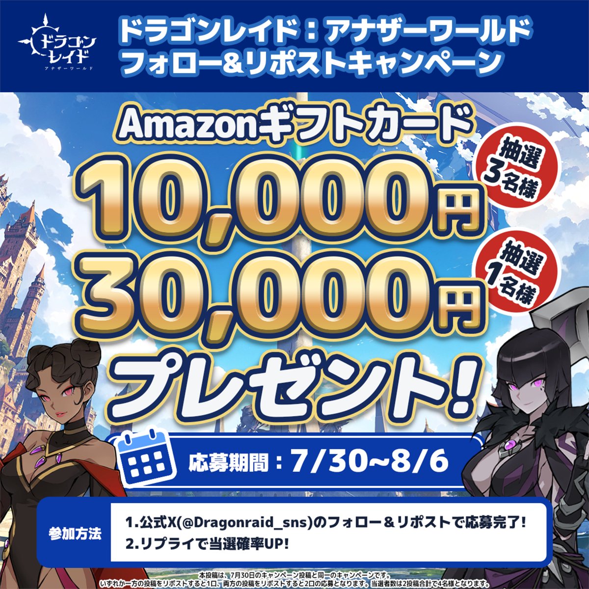 Dragonraid_sns's tweet photo. ◤ ドラゴンレイド：アナザーワールド
　　フォロー&リポストキャンペーン  ◢

ドラゴンと旅する位置情報RPG📍
アカウント開設プレゼントキャンペーン✨

抽選で
🎁 Amazonギフトカード 30,000円分…1名様
🎁 Amazonギフトカード 10,000円分…3名様
をプレゼント!

▼応募方法
１ @Dragonraid_sns をフォロー
２ この投稿をリポスト
３ リプライで当選率アップ!

※当選者にはDMでご連絡いたします

▼応募期間
2026年7月30日(木) ～ 8月6日(木) 23:59まで

ぜひフォローして続報をお待ちください✨

※本投稿は7月30日に投稿したキャンペーンの訂正版です。7月30日の投稿をリポスト済みの方はすでにご応募済みです。本投稿もリポストいただくと2回分の応募となります。当選者数は2投稿を通じて合計4名様です。

#ドラゴンレイド #位置情報ゲーム