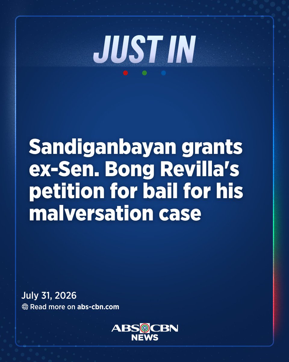 ABSCBNNews's tweet photo. JUST IN: The Sandiganbayan Third Division granted former Sen. Ramon "Bong" Revilla Jr.’s petition for bail for his malversation case over the alleged ghost flood control project in Pandi, Bulacan.

Atty. Dennis Pulma, Third Division Clerk of Court, made the confirmation. 

He said that the court denied the bail petition of Revilla’s co-accused. | via @KaxandraSalonga