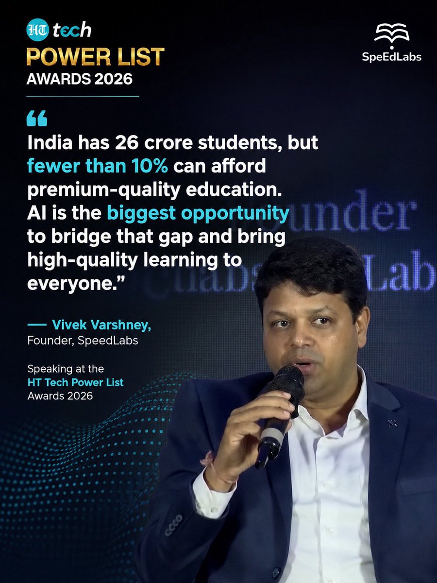 HTTech's tweet photo. AI has the power to make quality education accessible, not just affordable.

At the HT Tech Power List Awards 2026, Vivek Varshney, Founder of SpeedLabs, shared why AI could be the biggest equaliser for India’s students.

(Sponsored) https://t.co/wE9Lhcjpzl