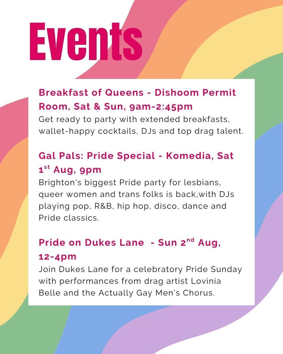 Brillbrighton's tweet photo. Pride weekend is almost here! Here's just a few events and offers from our Brilliant Brighton businesses, taking place over the next few days! Wishing you all a happy Pride 🏳️‍🌈 https://t.co/VN7VJEgcr1