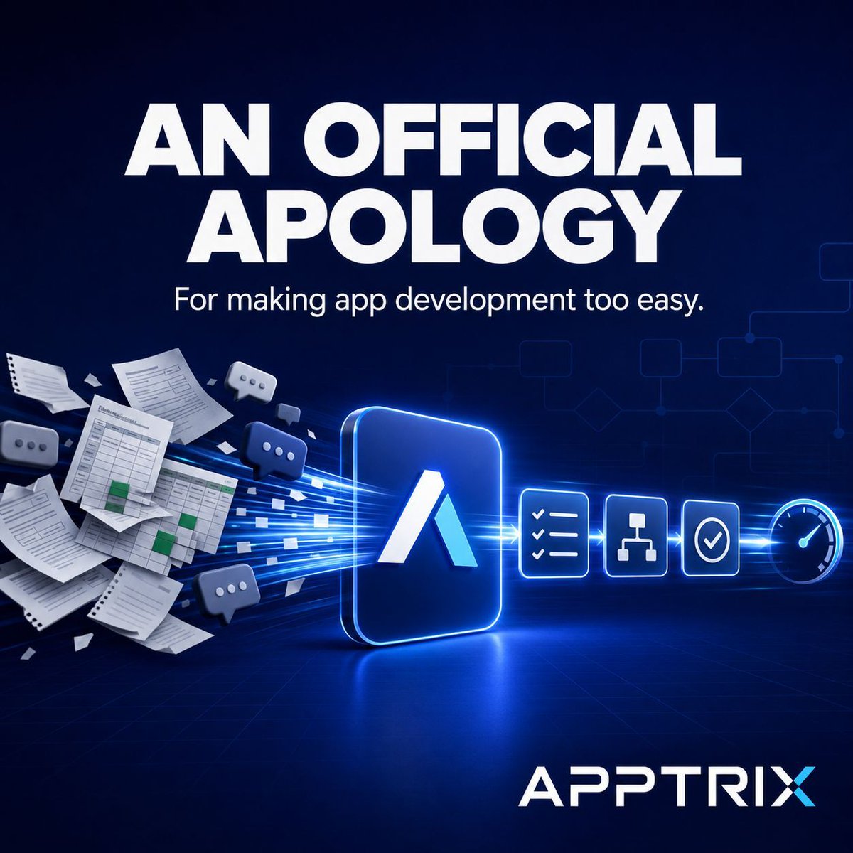 ApptrixAI's tweet photo. An official apology from Apptrix.

We’re sorry teams are building apps faster and replacing paperwork, spreadsheets and WhatsApp threads with one platform that works online and offline.

Still relying on manual workarounds?

We apologise in advance.

Book a discovery call. https://t.co/QlT7uyYSyV