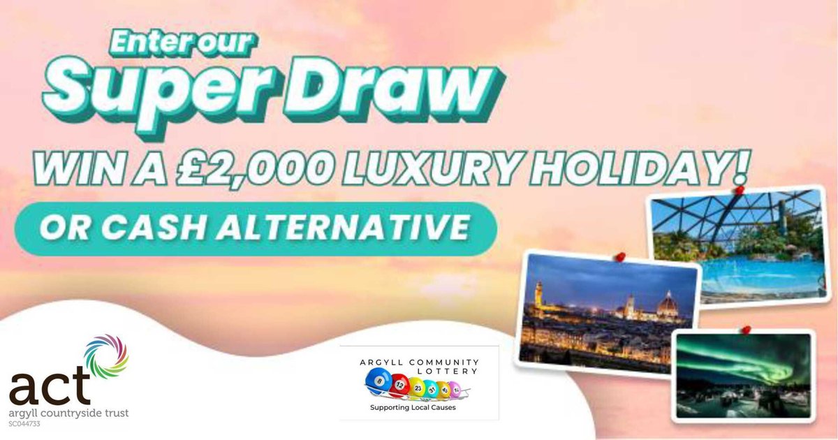 ACTinArgyll's tweet photo. Win a £2,000 luxury holiday (or cash alternative) with the Argyll Community Lottery Super Draw 🌴✨ Every ticket bought supports our work across Argyll. Enter here 👉  https://t.co/RzMqelIaoF https://t.co/YforPcYvym