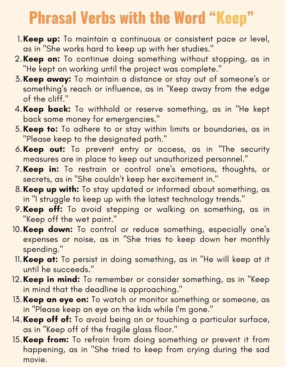 study_pleasee's tweet photo. Phrasal Verbs "Keep" #dek70 #dek69 #dek68 #tcas #tgat #tpat #หาติวเตอร์ #ติวสอบ #โทอิค รับติวสอบ IELTS TOEIC TOEFL SAT TUGET CUTEP TGAT TPAT O-NET GED A-LEVEL สอบแอร์ฯ เข้าม.1 เข้าม.4 เข้ามหาวิทยาลัย สอบตรงทั้งภาคปกติและอินเตอร์แล้วนะคะ 📲LINE: studypleasee สอบถามก่อนได้จ้ะ❤ https://t.co/h7NLarlaPI