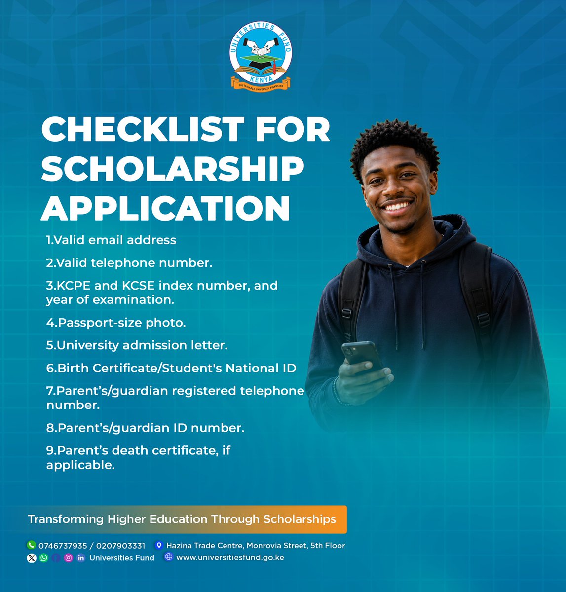 UFKenya's tweet photo. Don't let a missing document delay your scholarship application.

Many applicants begin the process only to realise they don't have all the required information.

Take a minute to go through this checklist and ensure you're ready before you start your application.

✔️ Save this post.
✔️ Share it with someone joining university this year.
✔️ Apply with confidence.

#WahiScholarship #UniversitiesFund #HEFPortal #HigherEducation