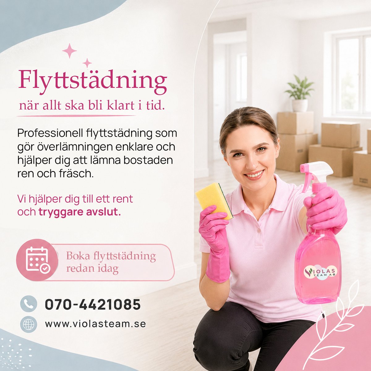 violasteam's tweet photo. Allt ska bli klart samtidigt när man flyttar. Låt flyttstädningen bli vår del.

Violas Team hjälper dig att lämna bostaden ren och fräsch – noggrant och planerat efter ditt flyttdatum.

📞 070-442 1085
🌐 https://t.co/tpz1JQxqUr
#flyttstädning #flytt #städservice #stockholm https://t.co/pTluaobkVT