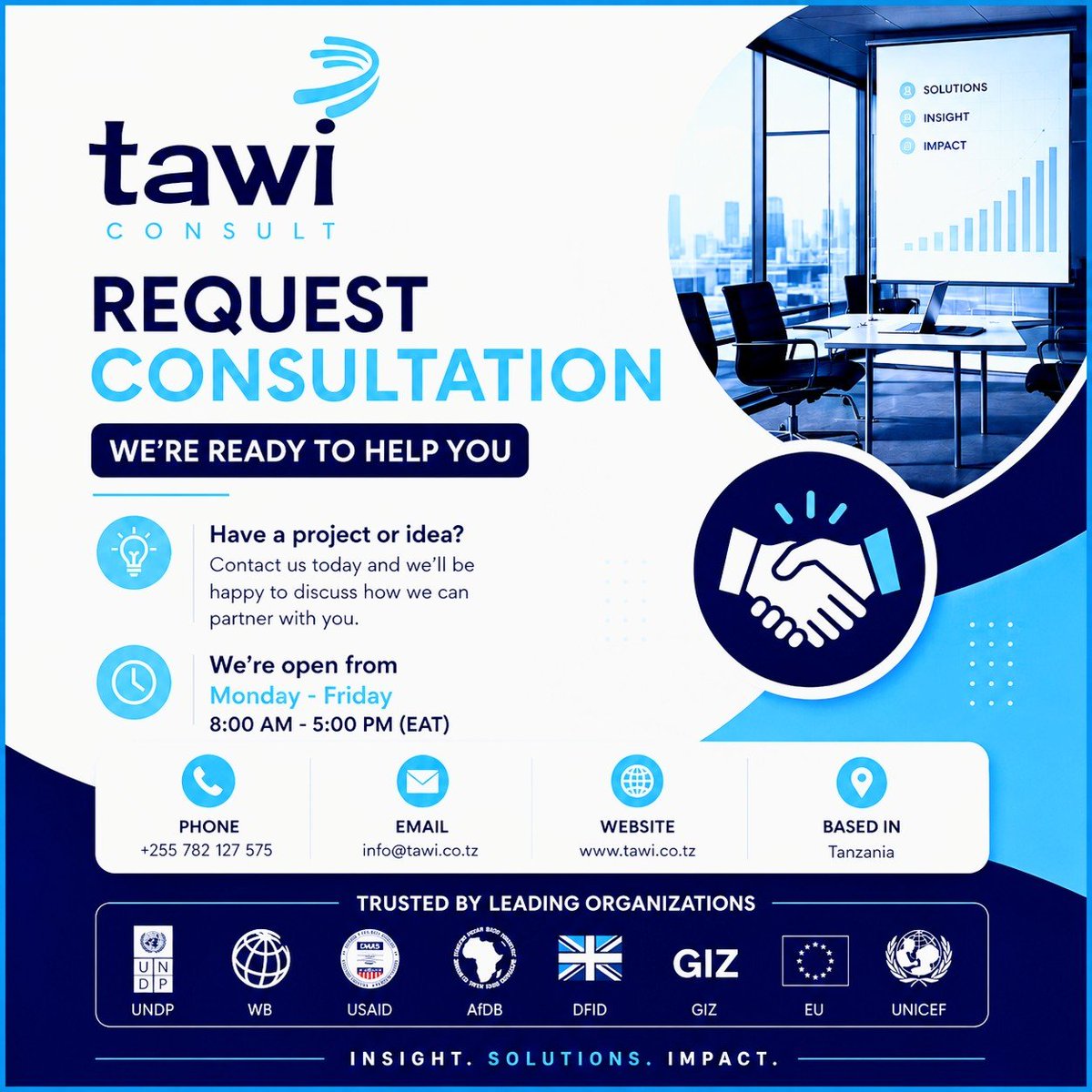 TawiConsult's tweet photo. Turn your ideas into measurable impact. 🚀

Whether you're a business, NGO, government institution, or startup, TAWI Consult is here to provide expert solutions that drive growth and lasting results.

✅ Business & Development Consulting
✅ Research & Data Insights
✅ Project Management
✅ Capacity Building

Let's discuss your next project today.
📞 +255 782 127 575
📧 info@tawi.co.tz
🌐 https://t.co/U3P6byGcly

Your success starts with the right consultation.

#TAWIConsult #BusinessConsulting #ConsultingServices #ProjectManagement #Research #CapacityBuilding #TanzaniaBusiness #BusinessGrowth #DevelopmentConsulting #Innovation #Impact