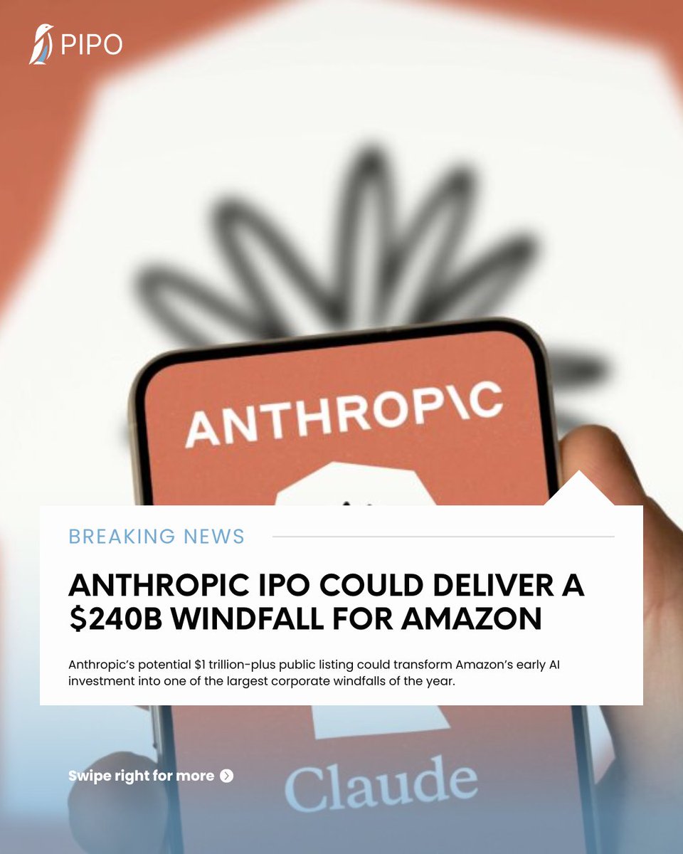 pipo_stocks's tweet photo. Anthropic’s potential IPO could become one of the biggest listings of 2026 and a major win for Amazon.

With an estimated 15–20% stake, Amazon’s investment could be worth up to $240B if Anthropic reaches its reported $1.2T implied valuation.

The story highlights how early access to high-growth private companies can create enormous value long before they enter public markets

$AMZN