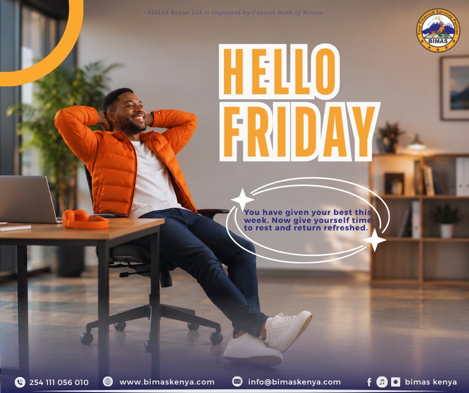 bimas_kenya's tweet photo. Hello Friday!
You have earned this pause. Celebrate this week's wins, recharge, and step into the weekend refreshed.
Wishing you a restful weekend from all of us at BIMAS Microfinance.
#HelloFriday #BIMASMicrofinance #WeekendVibes #RefreshRecharge https://t.co/PgjPWGEKQl