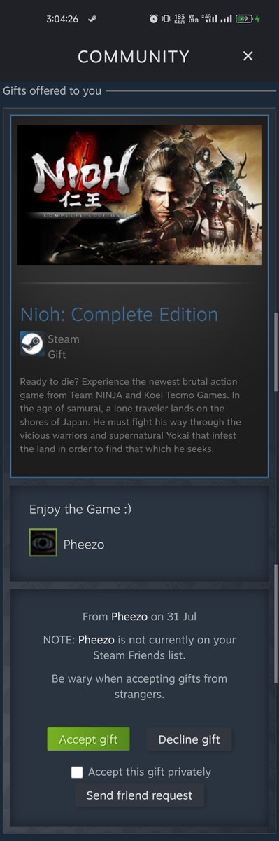 ShiroSaints777's tweet photo. ANOTHER ONE! LESGOOO!!! 🗣️ Shoutout to @Pheez02 for gifting me Nioh: Complete Edition. 🥳 Thank you for keeping my sanity as I wait to finalize my enrollment this semester. 🙏

#HumblePheezo
#CheckYourSteam
#MyClassStartsOnMonday https://t.co/TTIVMSAOsk