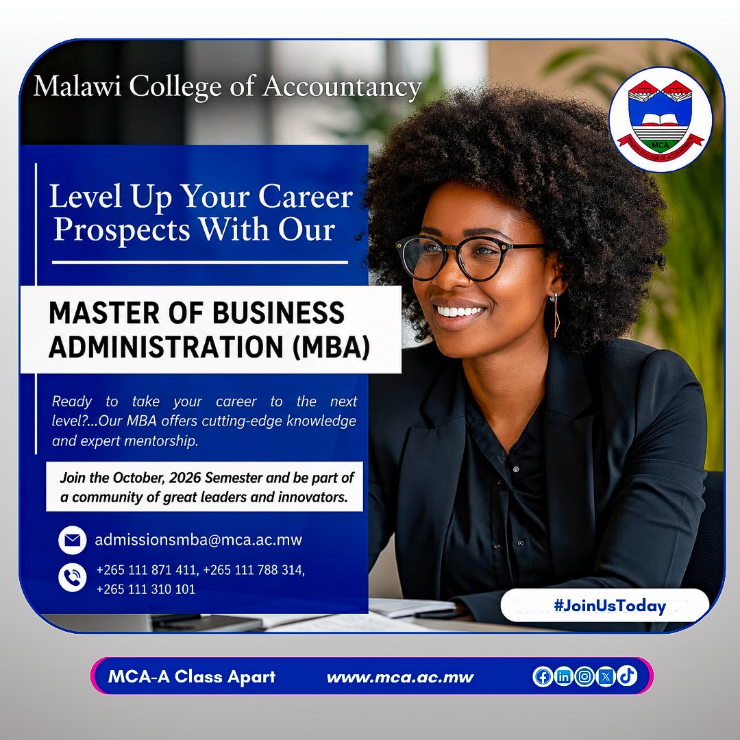 mca_malawi's tweet photo. Ready to lead and grow your career? 🎓

Applications for the October 2026 MBA Intake at the Malawi College of Accountancy (MCA) are now open! https://t.co/W3kMGZ0R5I