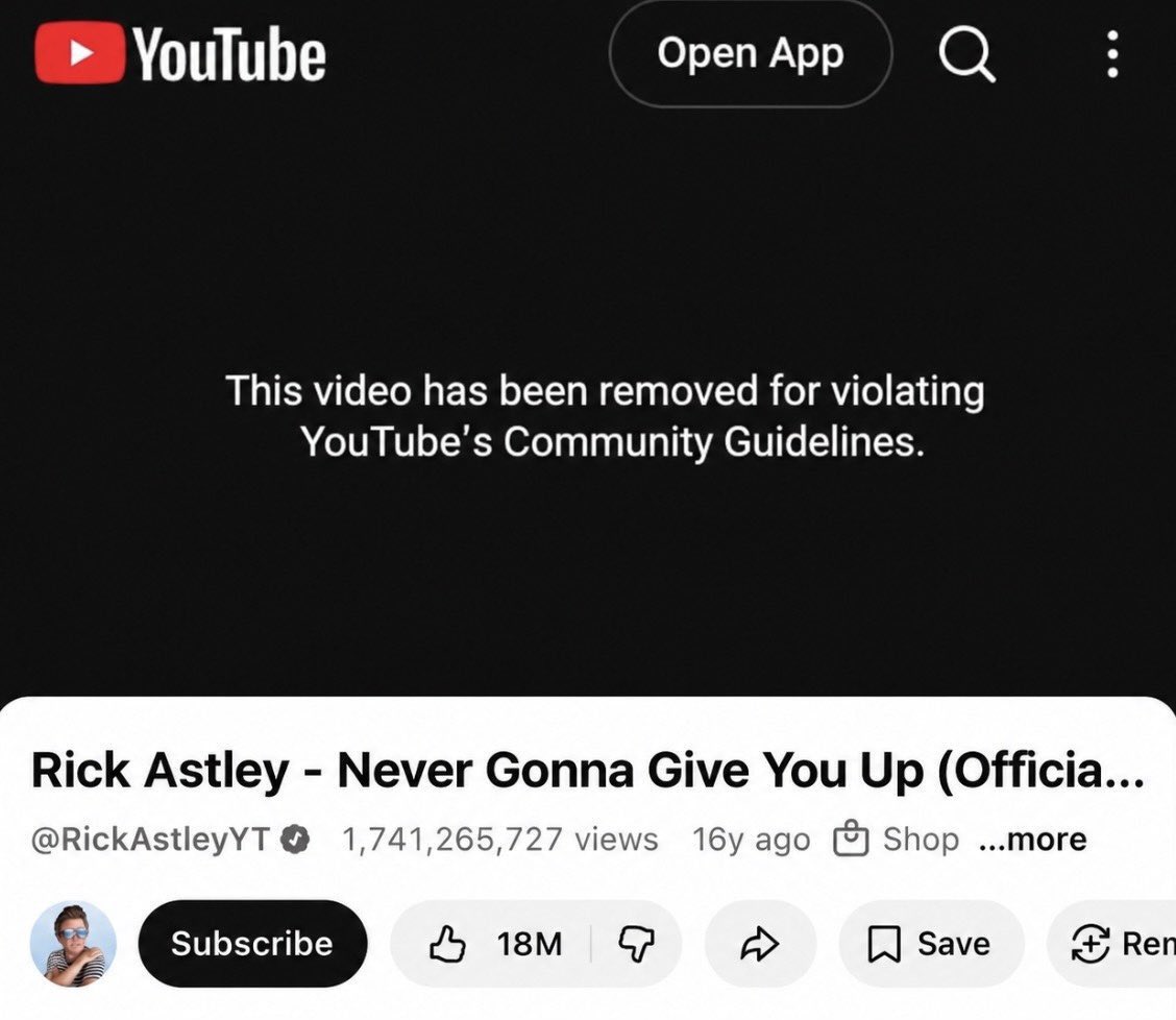intars's tweet photo. Ēras beigas. Pēc 16 gadiem un 1,7 miljardiem skatījumu YouTube ir izņēmis oriģinālo "Rick Roll" video.

https://t.co/hgRMswolOi

Šāds noziegums pret interneta vēsturi nedrīkst palikt nesodīts! https://t.co/eWMbSQWs0t