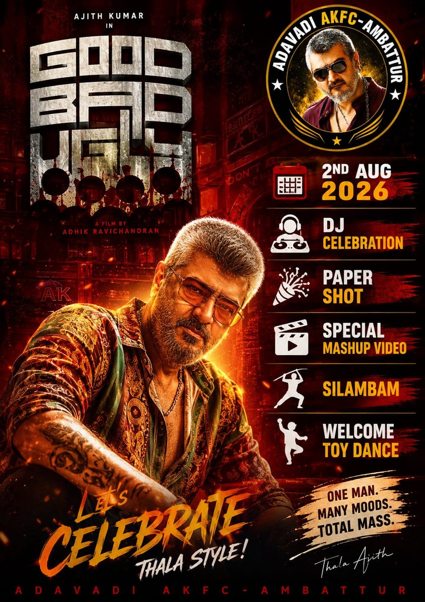 AAKFC_2015's tweet photo. 34 YEARS. ONE MAN. MILLIONS OF HEARTS...🔥👑

Theatres will witness the return of the Most Celebrated OG Gangster – RED DRAGON! 🐉🔥

August 2 | 9:00am at @MURUGANCINEMAS1

#34YearsOfAjithism #AjithKumar #GoodBadUgly #AK64 https://t.co/rcbzH1kDfa