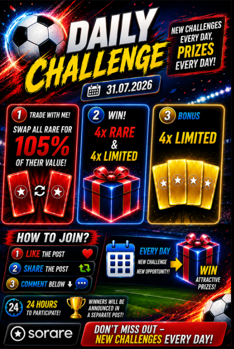 PawelTrader_'s tweet photo. 🚨 DAILY CHALLENGE IS LIVE! 🚨

💹 Special Offer: Trade all your Rare cards for 105% of their value!
🎁 Today's Rewards:
🔴 4x Rare Cards
🟡 4x Limited Cards

⭐ BONUS: 4x Limited Cards
📋 How to join:
❤️ Like this post
🔄 Repost
💬 Drop a comment below
⏳ You have 24 hours to enter!

🏆 Winners will be announced in a separate post.

Good luck to everyone! 🍀⚽
#Sorare #SorareFootball #Giveaway #FantasyFootball #Football #NFT #Web3 #DailyChallenge #Limited #Rare #CardCollecting
