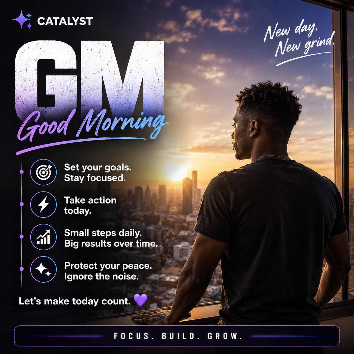Catalysts224's tweet photo. GM! ☀️💜

Success isn't built in one day. 

It's built by showing up every day.

Stay focused. Keep learning. Keep building.

Your future self will thank you. https://t.co/NlZZKeXJTL
